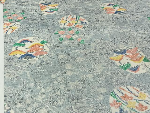 平和屋着物▽上質な紬　単衣　草花文　正絹　逸品　AABI5005jh