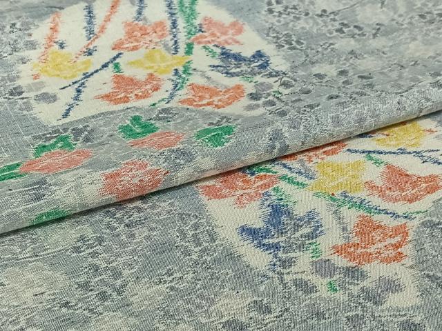 平和屋着物▽上質な紬　単衣　草花文　正絹　逸品　AABI5005jh