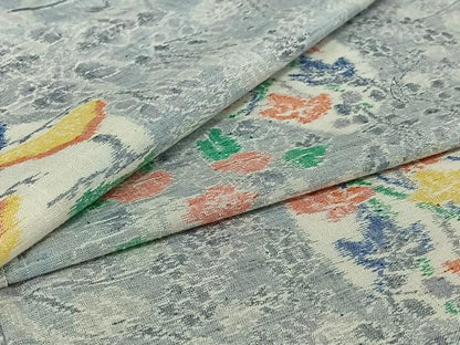 平和屋着物▽上質な紬　単衣　草花文　正絹　逸品　AABI5005jh