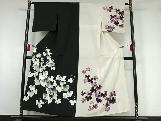 平和屋着物▽訪問着　単衣　片身替わり　草葉文　金銀彩　正絹　逸品　AABI5007jh