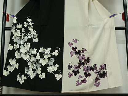 平和屋着物▽訪問着　単衣　片身替わり　草葉文　金銀彩　正絹　逸品　AABI5007jh