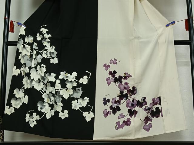 平和屋着物▽訪問着　単衣　片身替わり　草葉文　金銀彩　正絹　逸品　AABI5007jh