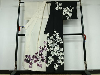 平和屋着物▽訪問着　単衣　片身替わり　草葉文　金銀彩　正絹　逸品　AABI5007jh