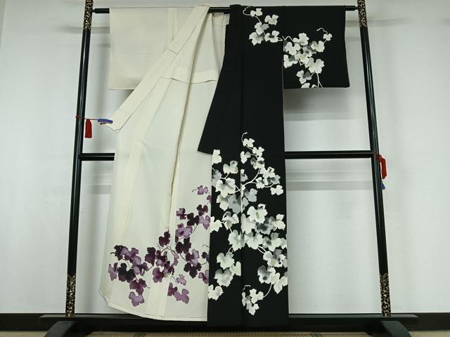 平和屋着物▽訪問着　単衣　片身替わり　草葉文　金銀彩　正絹　逸品　AABI5007jh