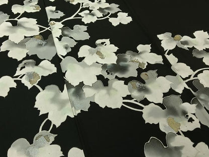 平和屋着物▽訪問着　単衣　片身替わり　草葉文　金銀彩　正絹　逸品　AABI5007jh