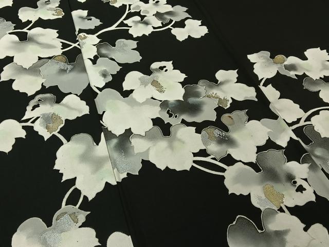 平和屋着物▽訪問着　単衣　片身替わり　草葉文　金銀彩　正絹　逸品　AABI5007jh