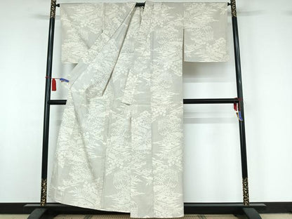 平和屋着物▽本塩沢　単衣　110亀甲　風景松竹梅文　正絹　逸品　AABI5008jh