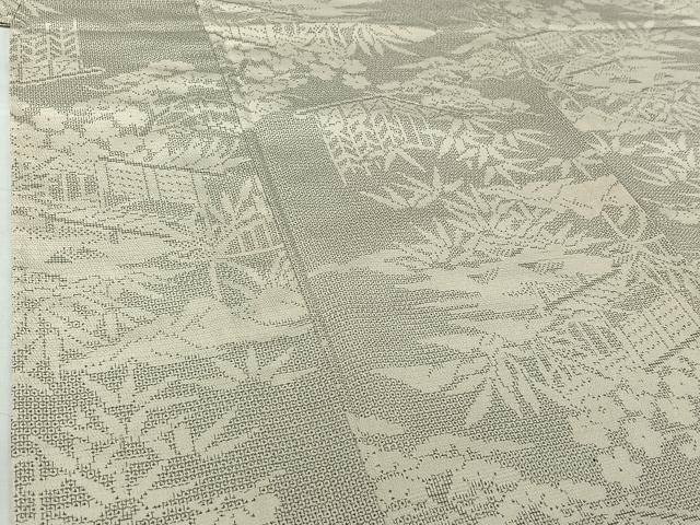 平和屋着物▽本塩沢　単衣　110亀甲　風景松竹梅文　正絹　逸品　AABI5008jh