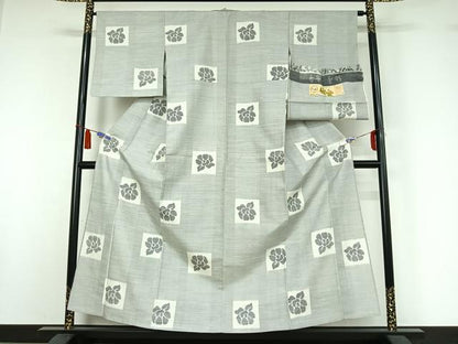 平和屋着物▽紬屋吉平　萬代紬　単衣　草花文　証紙付き　正絹　逸品　AABI5013jh