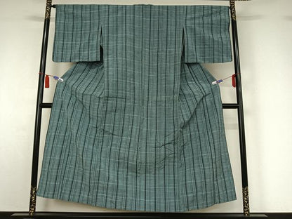平和屋着物▽上質な紬　単衣　格子　正絹　逸品　AABI5014jh