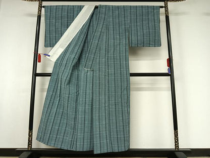 平和屋着物▽上質な紬　単衣　格子　正絹　逸品　AABI5014jh