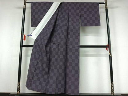 平和屋着物▽上質な紬　単衣　市松文様　正絹　逸品　AABI5017jh