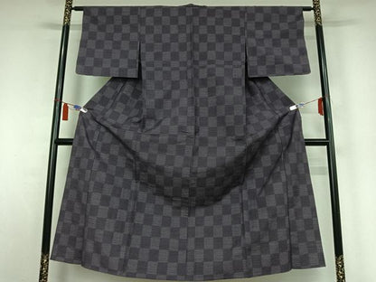 平和屋着物▽上質な紬　単衣　市松文様　正絹　逸品　AABI5017jh