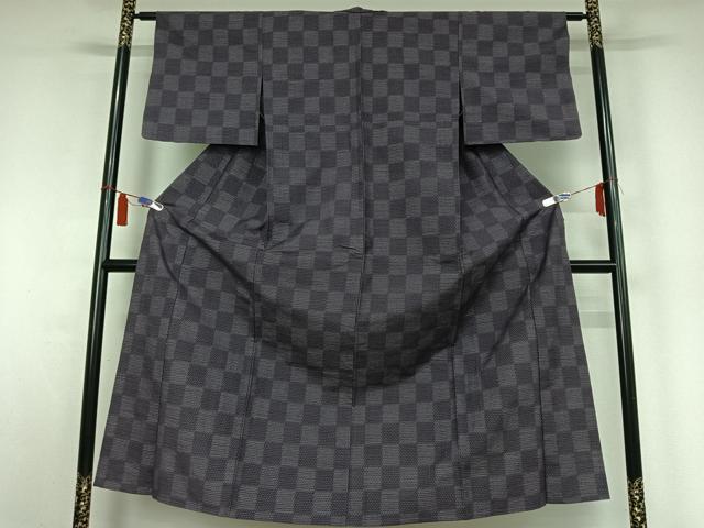 平和屋着物▽上質な紬　単衣　市松文様　正絹　逸品　AABI5017jh