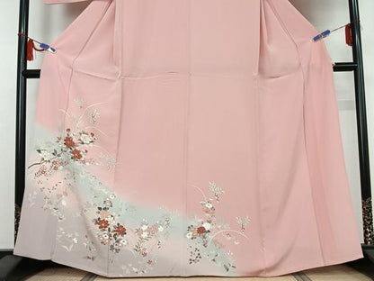 平和屋着物▽訪問着　単衣　草花文　暈し染め　金彩　正絹　逸品　AABI5018jh