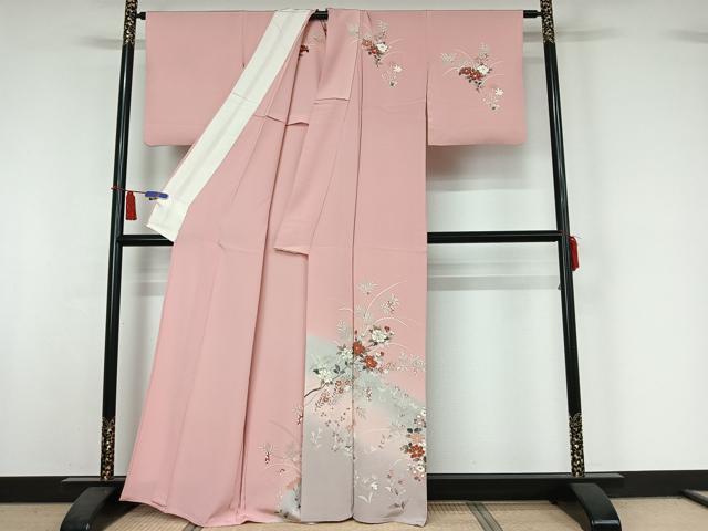 平和屋着物▽訪問着　単衣　草花文　暈し染め　金彩　正絹　逸品　AABI5018jh