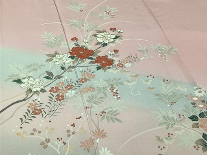 平和屋着物▽訪問着　単衣　草花文　暈し染め　金彩　正絹　逸品　AABI5018jh