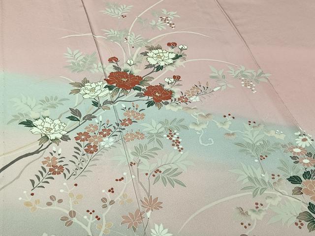 平和屋着物▽訪問着　単衣　草花文　暈し染め　金彩　正絹　逸品　AABI5018jh