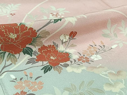平和屋着物▽訪問着　単衣　草花文　暈し染め　金彩　正絹　逸品　AABI5018jh