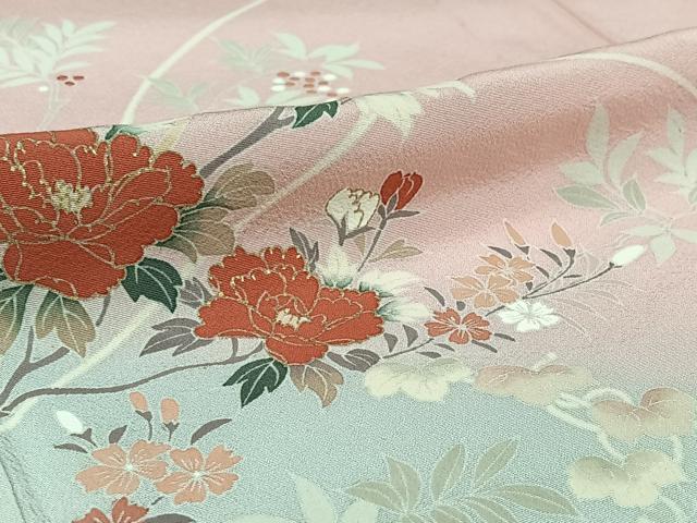 平和屋着物▽訪問着　単衣　草花文　暈し染め　金彩　正絹　逸品　AABI5018jh