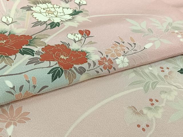 平和屋着物▽訪問着　単衣　草花文　暈し染め　金彩　正絹　逸品　AABI5018jh