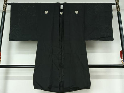 平和屋着物▽男性　羽織　黒紋付　暗黒色　正絹　逸品　AABI5030jh