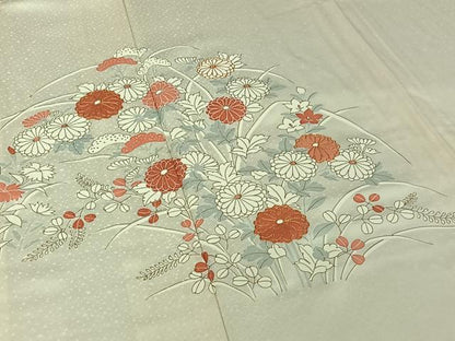 平和屋着物▽訪問着　単衣　駒刺繍　草花文　金彩　正絹　逸品　AABI5031jh