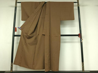 平和屋着物▽上質な紬　単衣　朽葉色　正絹　逸品　AABI5033jh