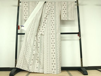 平和屋着物▽上質な紬　単衣　幾何学文様　正絹　逸品　AABI5034jh