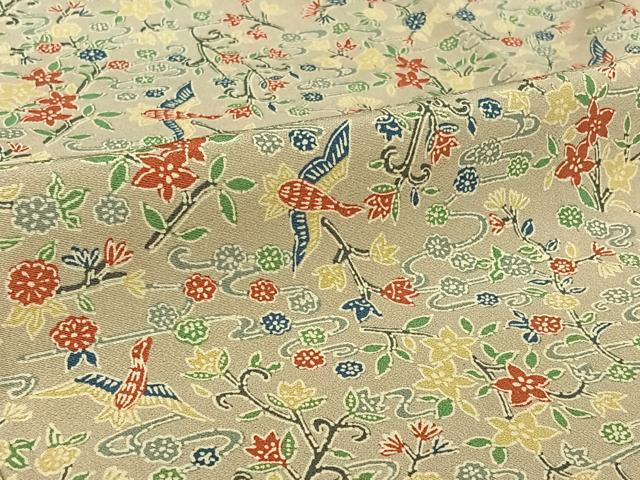 平和屋着物▽上質な小紋　単衣　流水花鳥文　正絹　逸品　AABI5040jh