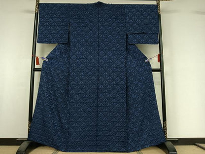 平和屋着物▽上質な小紋　単衣　藍染苑　幾何学文様　反端付き　正絹　逸品　AABI5042jh