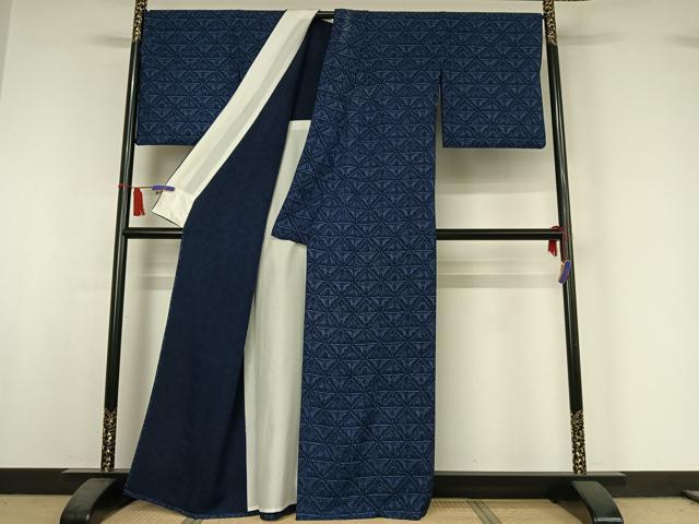 平和屋着物▽上質な小紋　単衣　藍染苑　幾何学文様　反端付き　正絹　逸品　AABI5042jh