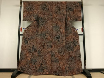 平和屋着物▽上質な小紋　単衣　更紗花鳥文　鬼しぼ縮緬　正絹　逸品　AABI5043jh