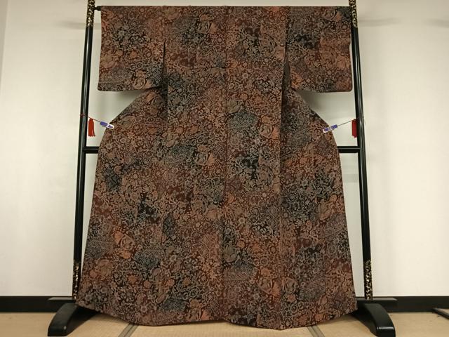 平和屋着物▽上質な小紋　単衣　更紗花鳥文　鬼しぼ縮緬　正絹　逸品　AABI5043jh