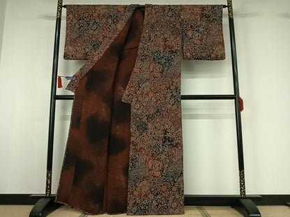 平和屋着物▽上質な小紋　単衣　更紗花鳥文　鬼しぼ縮緬　正絹　逸品　AABI5043jh