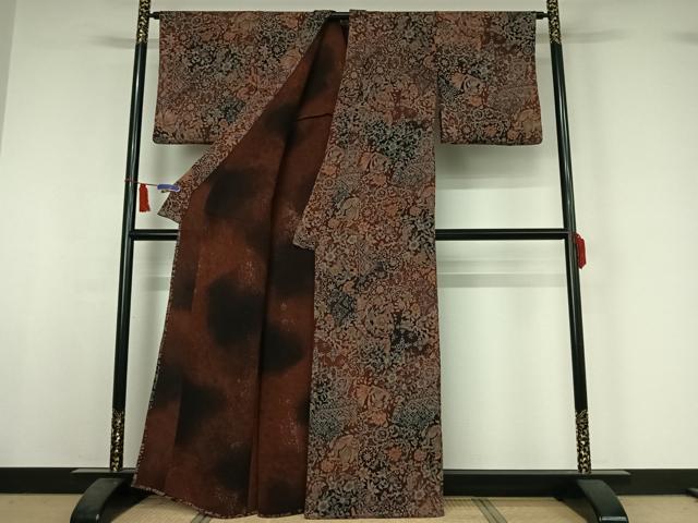 平和屋着物▽上質な小紋　単衣　更紗花鳥文　鬼しぼ縮緬　正絹　逸品　AABI5043jh