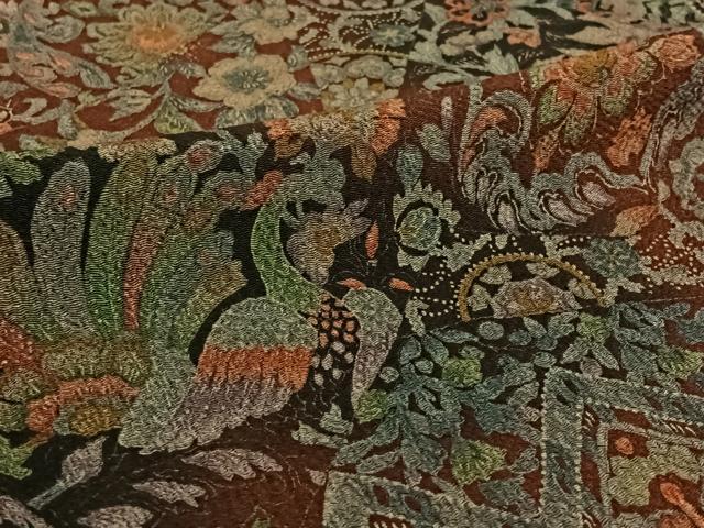 平和屋着物▽上質な小紋　単衣　更紗花鳥文　鬼しぼ縮緬　正絹　逸品　AABI5043jh
