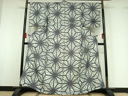 平和屋着物▽上質な紬　単衣　絞り　麻の葉文様　正絹　逸品　AABI5045jh