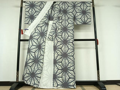 平和屋着物▽上質な紬　単衣　絞り　麻の葉文様　正絹　逸品　AABI5045jh