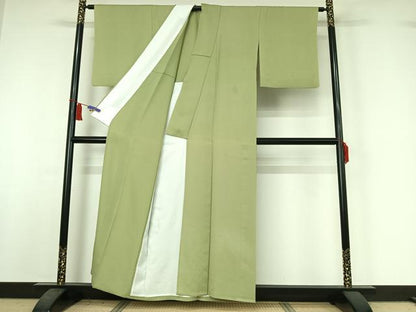 平和屋着物▽上質な色無地　単衣　若葉色　正絹　逸品　AABI5054jh