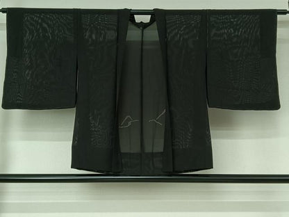 平和屋着物▽羽織　スリーシーズン　春夏秋　塵除け　風景文　黒地　正絹　逸品　AABI5055jh