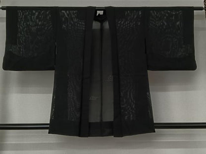 平和屋着物▽羽織　スリーシーズン　春夏秋　塵除け　幾何学文様　黒地　正絹　逸品　AABI5056jh