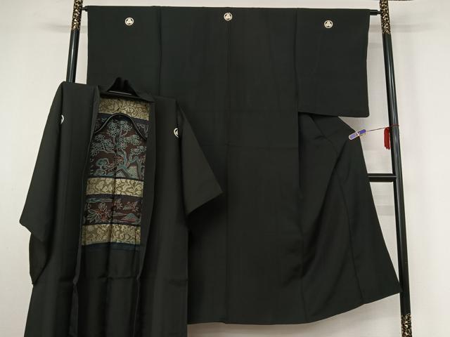 平和屋着物▽男性　黒紋付　単衣　羽織セット　暗黒色　正絹　逸品　AABI5060jh