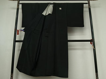 平和屋着物▽男性　黒紋付　単衣　羽織セット　暗黒色　正絹　逸品　AABI5060jh