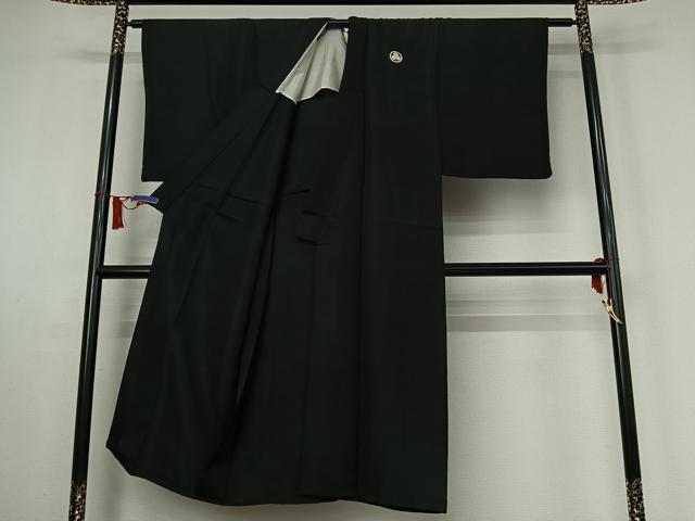 平和屋着物▽男性　黒紋付　単衣　羽織セット　暗黒色　正絹　逸品　AABI5060jh