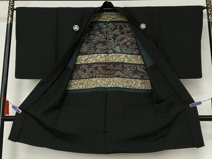 平和屋着物▽男性　黒紋付　単衣　羽織セット　暗黒色　正絹　逸品　AABI5060jh