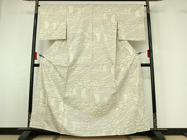 平和屋着物▽上質な紬　単衣　青海波松文　さが美扱い　正絹　逸品　AABI5061jh