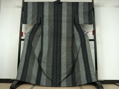 平和屋着物▽上質な紬　単衣　変わり縞　正絹　逸品　AABI5065jh