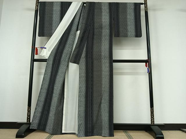 平和屋着物▽上質な紬　単衣　変わり縞　正絹　逸品　AABI5065jh