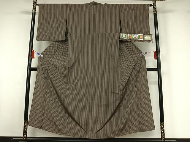 平和屋着物▽本塩沢　単衣　やまだ織　縞　証紙付き　正絹　逸品　AABI5070jh